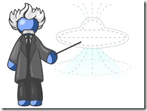 Blue Einstein Man Pointing a Stick at a Presentation of a Flying Saucer Clipart Illustration