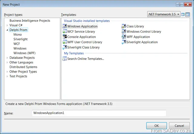 New project dialog for Delphi Prism