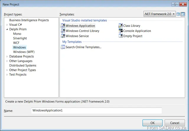 New project dialog for Windows