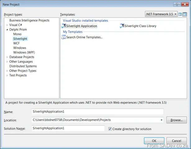 New project dialog for Silverlight