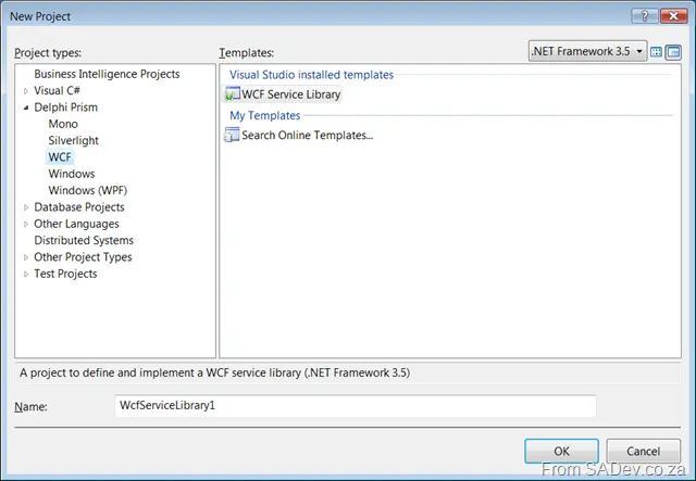 New project dialog for WCF