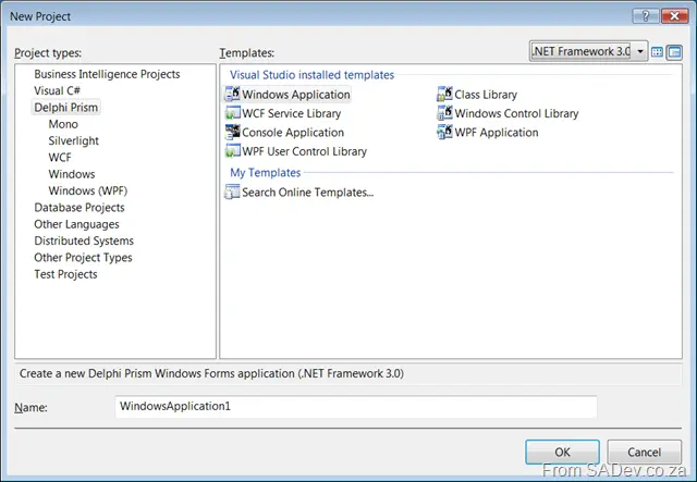 New project dialog for Delpho